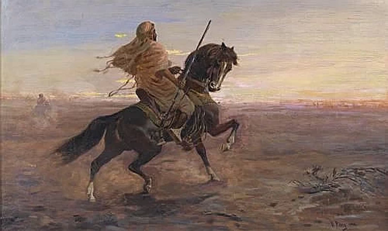 Cavaliere arabo nel paesaggio della steppa